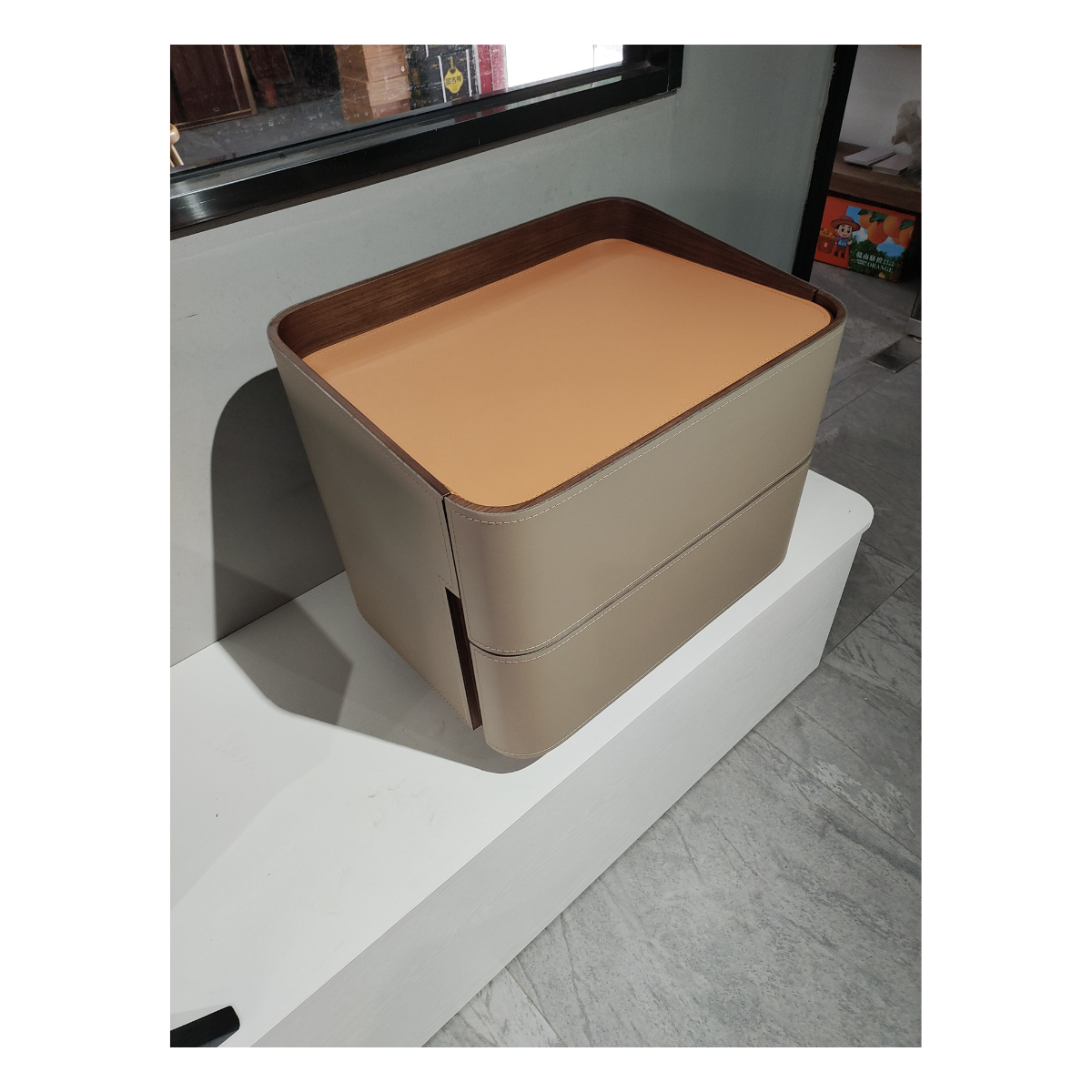 Taupe Leather Tray-Rim Nightstand